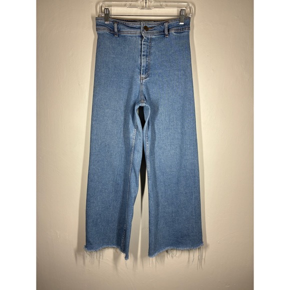Zara High Rise Wide Leg Jeans Size 6 Baggy Loose Light Wash Raw Hem Boho Grunge - Picture 2 of 10